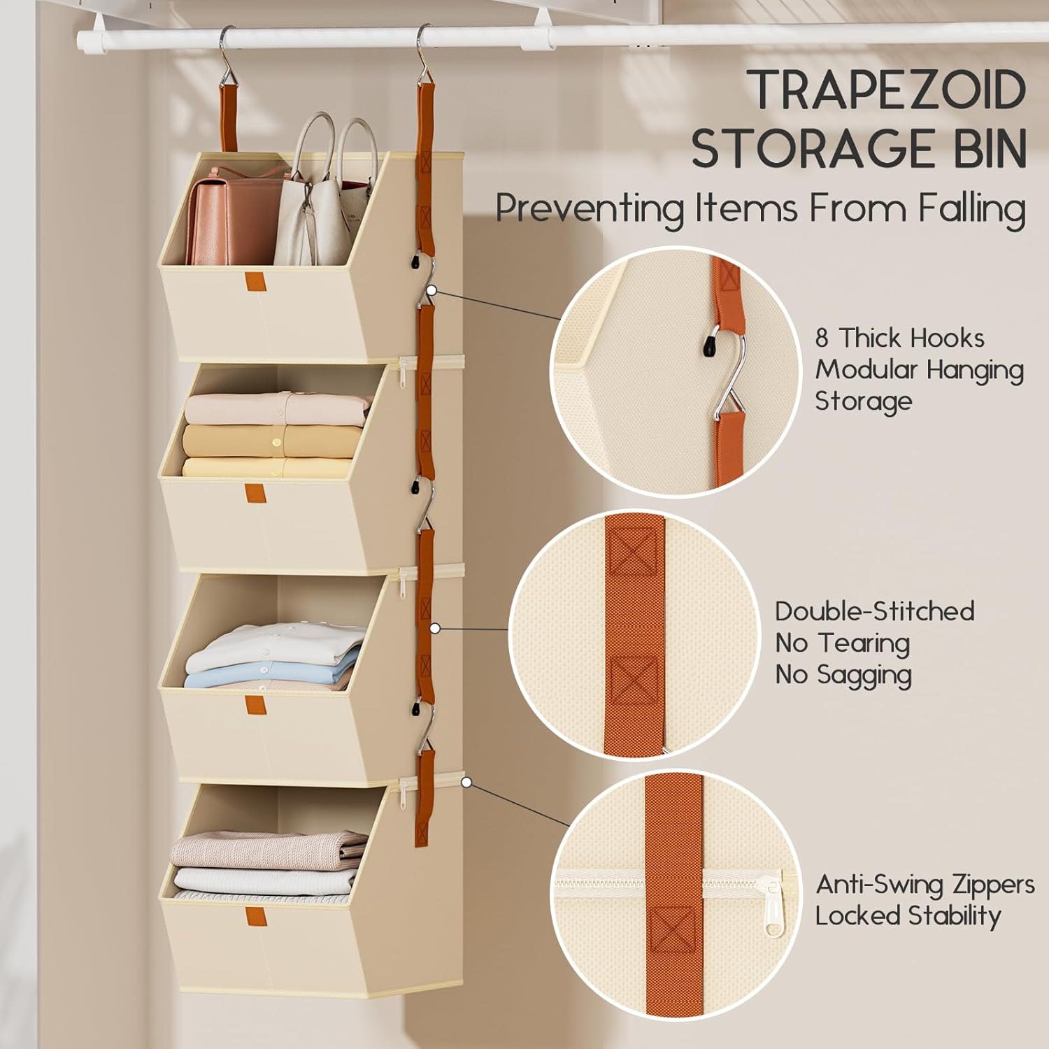 Homsorout Hanging Closet Organizer 4 Tier - Clothes Hanging Shelves, Space-Saving Closet System, Fabric Storage Bins Bedroom Organization, Collapsible Baskets for Home, Dorm, Rv, Beige Dormly