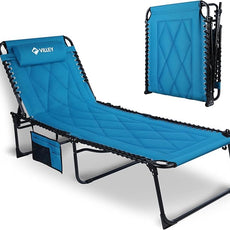 VILLEY Oversized Padded Chaise Lounge with Cushion, Foldable Camping Cot, Patio Reclining Lounge Chairs, Folding Sleeping Bed for Outdoor, Indoor, Backyard, Garden, Camping, Relaxing, Beach Tanning