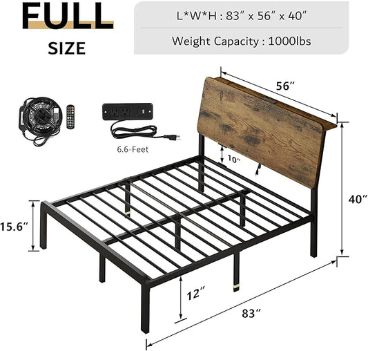 iPormis Full Size Metal Bed Frame with LED Lights & Charging Station, Platform Bed with Ergonomic Storage Headboard, Steel Slats Supports, No Box Spring Needed, Noise-Free, Easy Assembly, Rustic