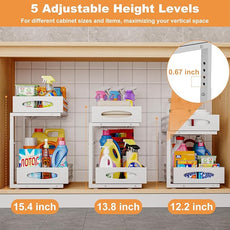 Under Sink Organizer, 2 Tier Under Sink Organizers and Storage, Adjustable Height, Slide out Metal Cabinet Organizers, Pull out Cabinet Storage Drawer Shelf for Kitchen Bathroom
