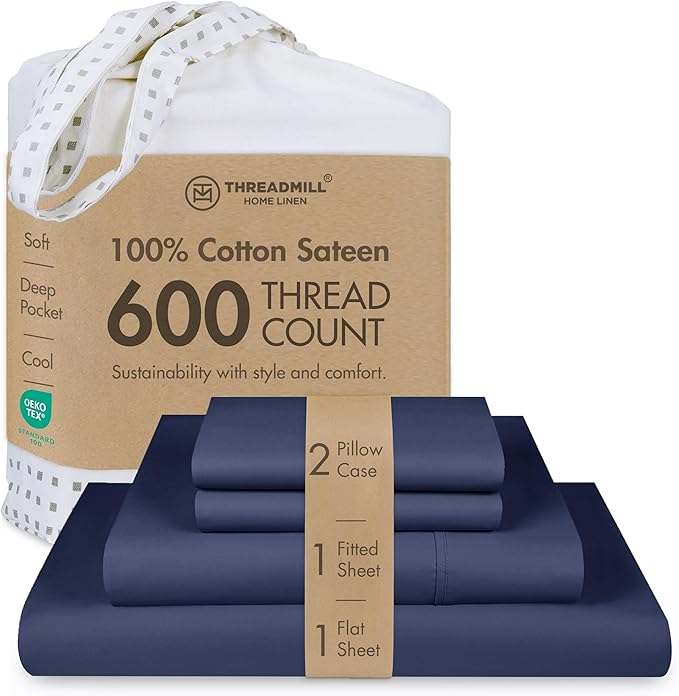Threadmill 100% Cotton Sheets for King Size Bed - 600 Thread Count King Bed Sheets Set with 16” Deep Pocket - Sateen Weave 4-Piece Bedding Set with Cooling Effect, Folkstone Blue