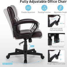 POWERSTONE Leather Executive Chair with 4in Thickened Cushion, Ergonomic Mid Back Office Desk Chair with Soft Padded Armrests for Home, Study and Office(Brown)