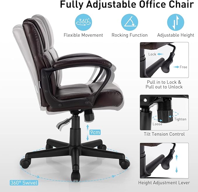POWERSTONE Leather Executive Chair with 4in Thickened Cushion, Ergonomic Mid Back Office Desk Chair with Soft Padded Armrests for Home, Study and Office(Brown)