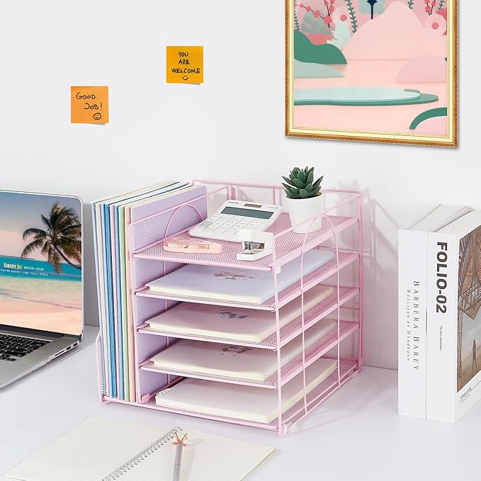 Desk Organizers and Accessories, 5-Tier Paper Letter Tray Organizer with File Holder, Desktop Organizer for Office Supplies (Pink)