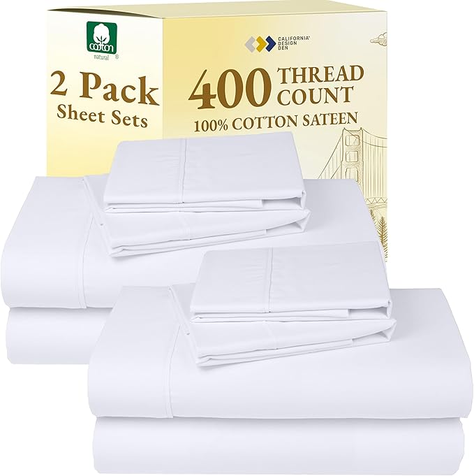 California Design Den 2-Pack Full Size Sheet Sets - 400 Thread Count 100% Cotton Sateen - Soft and Breathable Sheets, 2 Sets of Deep Pocket Bed Sheets - Bright White CaliforniaDesignDen