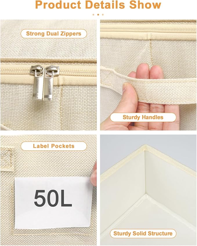 punemi Underbed Storage, 2 Pack Clothing Storage Bags W/Upgraded Handles, Large Capacity Underbed Shoe Container Organizer, Dorm Essentials Bins for Blanket, Pillows, Comforters & Quilts, Beige