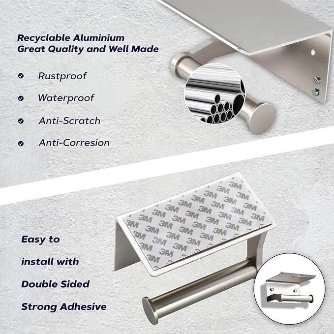 Toilet Paper Holder with Shelf - 3M Self Adhesive Tissue Towel Dispenser or Wall Mounted Toilet Paper Roll Holder - Rustproof Bathroom Phone Holder Tissue Holder Brushed Nickel