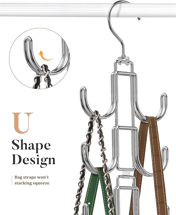 Purse Hanger for Closet, 360 Degree Purse Organizer with 10 Hooks Bag Handbag Hanger Hooks for Purse Hanging, Durable Purse Display Rack Space-Saving Bag Organizer for Women 2 Pack