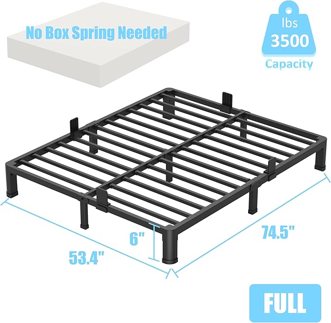 FUIOBYVV 6 Inch Full Bed Frame with Round Corner Edge Legs 3500 lbs Metal Heavy Duty Steel Slats Support No Box Spring Needed Platform Noise Free Easy Assembly