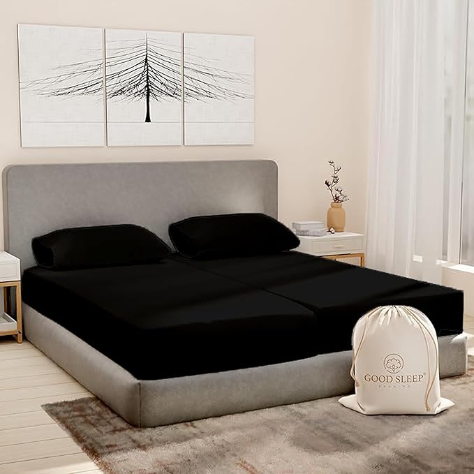 Good Sleep Bedding Split King Sheets Sets for Adjustable Bed Cotton, Luxury Sheets, Egyptian Cotton Sheets, 5 Piece 100% Cotton Split King Sheet Set, Sateen Sheetts, 2 Fitted - 16" Deep Pocket, Black GoodSleepBedding
