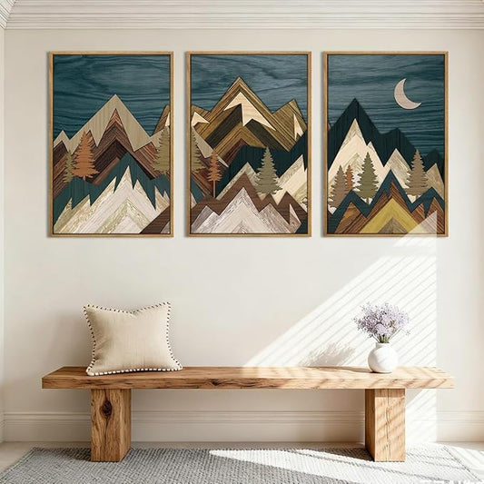 BINCUE Extra Large Mountain Wall Art Set of 3 Moon Froest Wall Decor Nature Landscape Art Print for Living Room Bedroom Office 24x36 Inches