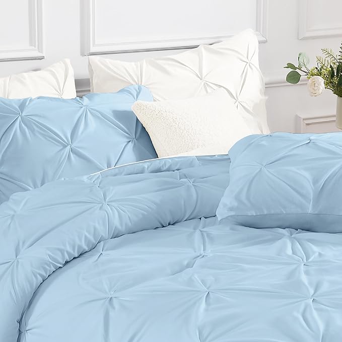 Andency Light Blue Queen Comforter Set, 3 Piece All Season Decorative Pintuck Bedding Comforter & Sets, Light Blue Soft Microfiber Lightweight Washable Bed Set for Queen Size Bed