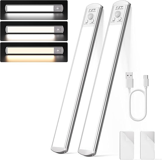 Joyzy 2 Pack Rechargeable Under Cabinet Lighting Battery Operated Closet Light,92 LED Motion Sensor Indoor, Dimmable Kicthen Counter Lights, Wireless Sink Lighting Lamp Shelf Stove Hallway