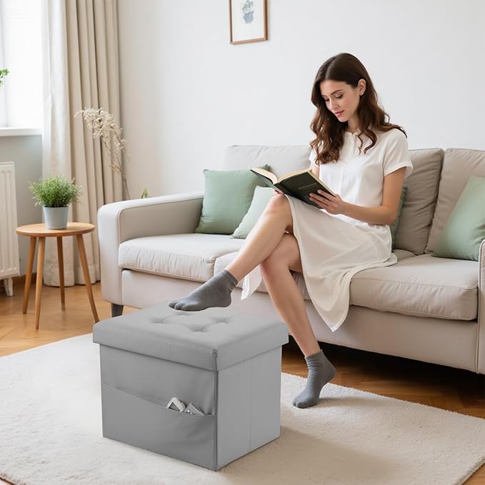 Storage Ottoman Foot Rest Stool, Small Leather Storage Ottomans Bench, Folding Footstool with Side Pockets, Foot Rest Under Desk for Living Room Bedroom, 17x13x13 in, Grey