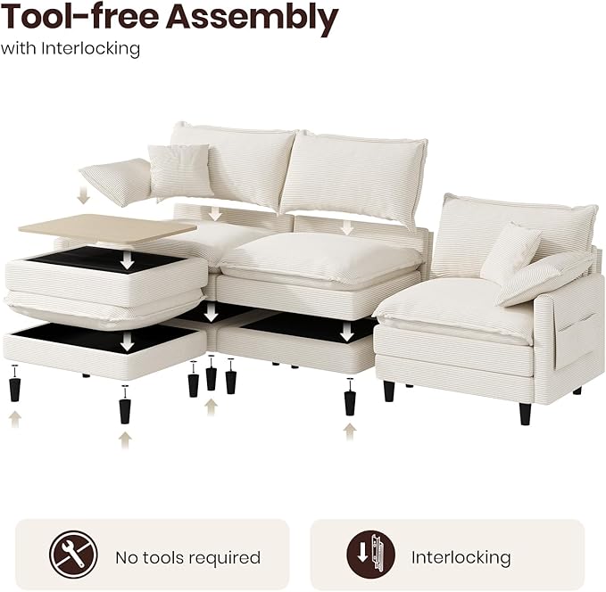 108" L Shaped Modular Sectional Cloud Couch with Ottoman, Snap-on Easy Installation 3 Seater Deep Seat Sofa with Storage Bag and Coffee Table for Living Room, Corduroy, Beige