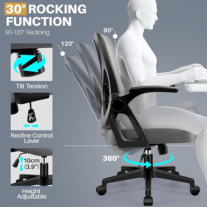 FelixKing Office Chair - Ergonomic Desk Chair Breathable Mesh Task with Wheels and Lumbar Support Home Desk Office Chairs with Flip up Armrest Rolling Swivel for Home Computer Dark Gray