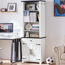 72in Tall Bookshelf 7 Tier Bookcase with Drawer and Barn Doors and Adjustable Shelves, White Farmhouse Book Shelf with Storage Cabinet, Wood Freestanding Display Bookshelves for Living Room
