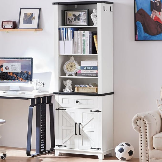 72in Tall Bookshelf 7 Tier Bookcase with Drawer and Barn Doors and Adjustable Shelves, White Farmhouse Book Shelf with Storage Cabinet, Wood Freestanding Display Bookshelves for Living Room