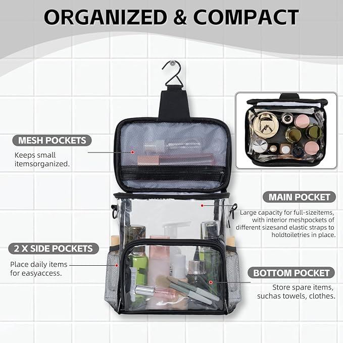 Transparent Portable Mesh Shower Organizer – Hanging Toiletry Bag with Handles & Strap, Quick-Dry for Bathroom, Gym, Travel, Camping & College Dorms