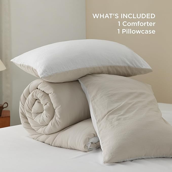 Bedsure Twin/Twin XL Comforter Set, Reversible Beige Soft Prewashed Bedding for All Seasons, 2 Pieces Warm Down Alternative Bed Set, 1 Lightweight Comforter (68"x88") and 1 Pillowcase