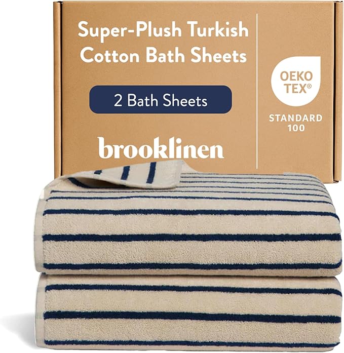 Brooklinen Super-Plush Turkish Cotton Bath Sheets - Set of 2 - Cotton, 820 GSM, Highly Absorbent, Machine Washable, Perfect for Home & Bathroom (40" x 65", Striped Navy)