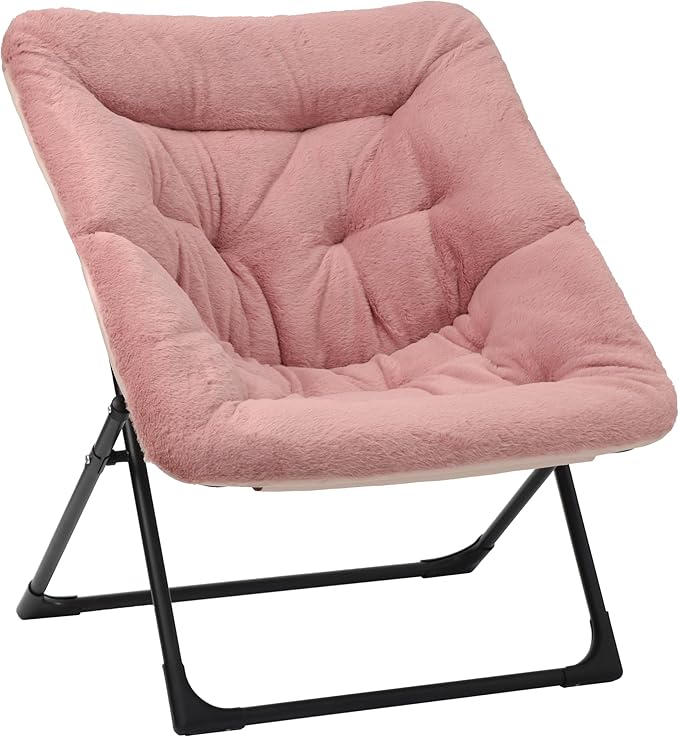 Comfy Saucer Chair for Adults, Soft Faux Fur Bedroom Chair, Accent Dorm Chairs, Flexible Living Room Reading Chairs, Oversized Folding Lounge Seat for Teens, X-Large, Dusky Pink