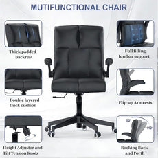 Ergonomic Home Office Chair with Space Saving Flip-Up Arms, 360° Swivel & Reclining Back, High-Back Executive Chair in Soft Faux Leather Chair Multi-Angle from 90° to 135° with 450LBS Capacity（Black）