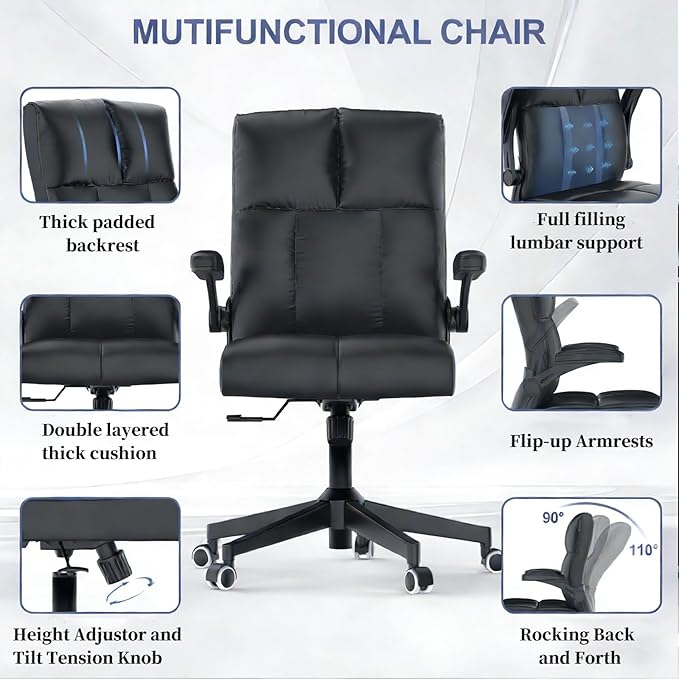Ergonomic Home Office Chair with Space Saving Flip-Up Arms, 360° Swivel & Reclining Back, High-Back Executive Chair in Soft Faux Leather Chair Multi-Angle from 90° to 135° with 450LBS Capacity（Black）