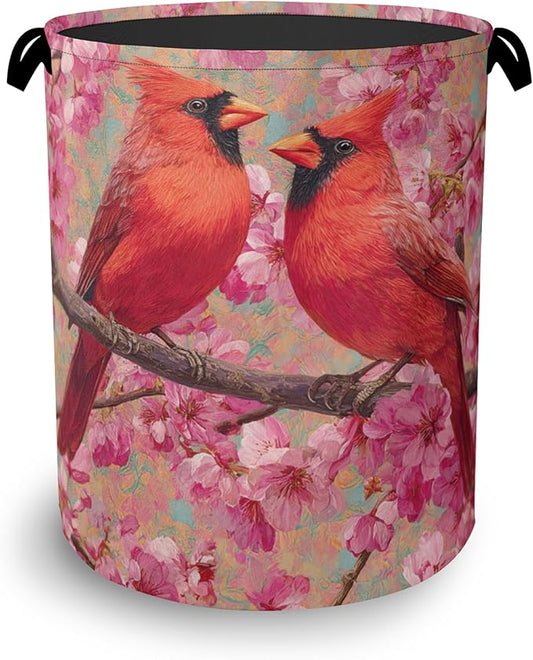 Red Cardinal Laundry Hamper,Cherry Blossoms Dirty Clothes Laundry Basket with Handles Waterproof Oxford Cloth Storage Basket for College Dorms Bathroom Bedroom 16" x 20.8"