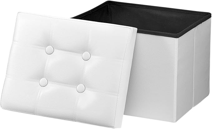 Folding Storage Ottoman, Foot Stool with Thicker Foam Padded Seat Small Leather Storage Ottoman Bench Foot Rest for Living Room Foldable Coffee Table 17x13x13in,White