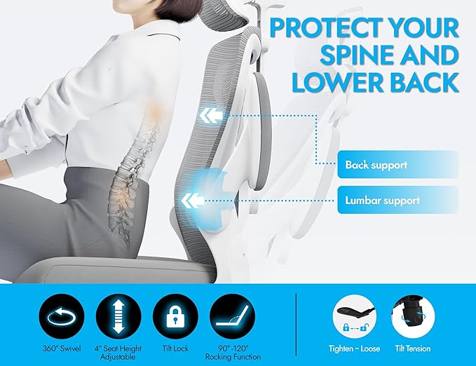 Ergonomic Office Chair: White Computer Desk Chair Comfy Gaming Chair for Adults - Office Chair with Lumbar Support & Headrest - Executive Office Rolling Chairs for Home Work (Grey)