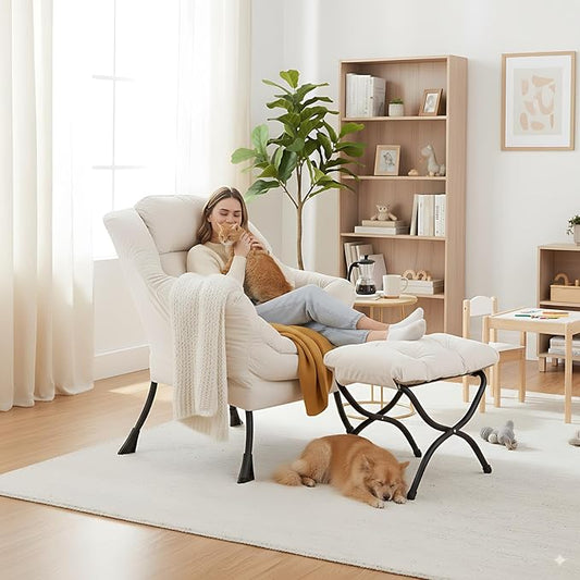 Lazy Chair and Ottoman, Large Accent Lounge Chair with Armrests and a Side Pocket, Modern Leisure Upholstered Sofa Reading Armchair with Footrest for Bedroom, Living Room, Dorm Rooms, Office