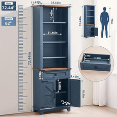 72in Tall Bookshelf 7 Tier Bookcase with Drawer and Barn Doors and Adjustable Shelves, Blue Farmhouse Book Shelf with Storage Cabinet, Wood Freestanding Display Bookshelves for Kitchen (2PCS)