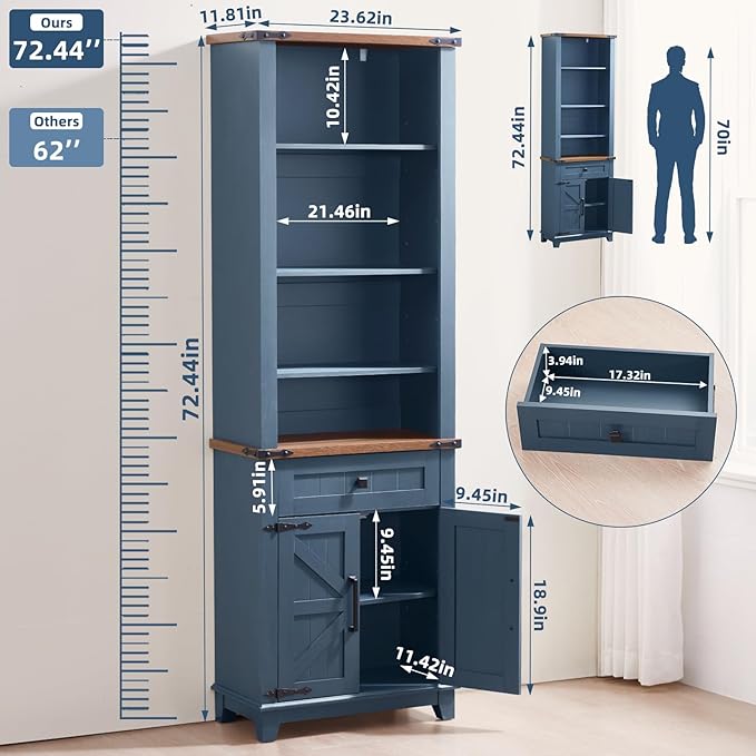 72in Tall Bookshelf 7 Tier Bookcase with Drawer and Barn Doors and Adjustable Shelves, Blue Farmhouse Book Shelf with Storage Cabinet, Wood Freestanding Display Bookshelves for Kitchen (2PCS)