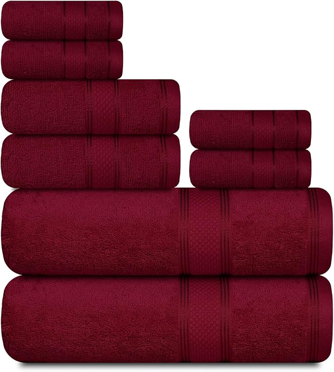 Casa Lino Bath Towel Set of 8 (2 Bath Towels, 4 Wash Cloths & 2 Hand Towels for Bathroom) - 100% Cotton - Highly Absorbent & Quick Dry - Guest Room Essentials for Bathroom Set - (Burgundy)