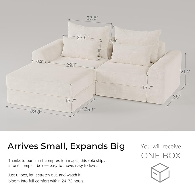 Modular loveseat with Ottoman, L-Shape Boneless Couch, Customizable Sectional Couch, Free Combination Design Sleeper Sofa, Cloud Mist