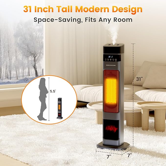 Auertech Space Heater with Humidifier, 3 in 1 Portable Electric Heater with 3D Flame & Water Tank, Oscillating Room Heaters with 12H Timer, 31" Tower Heaters for Indoor Use Large Room, Office, Bedroom
