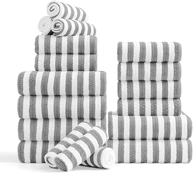 18-Piece Microfiber Bath Towels Set - 6 Bath Sheet, 6 Hand Towels, 6 Washcloths, Soft, Highly Absorbent Bathroom Towel, Quick Dry & Less Lint Shower towel for Bathroom, Hotel, Spa, Dorm-Light Grey