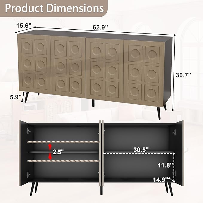 Sideboard Buffet Cabinet with Storage: 63" Large Accent Fluted Oak and Black Buffet Cabinet with 4 Doors, Mid Century Modern Credenzas for Living Room (Oak and Black)