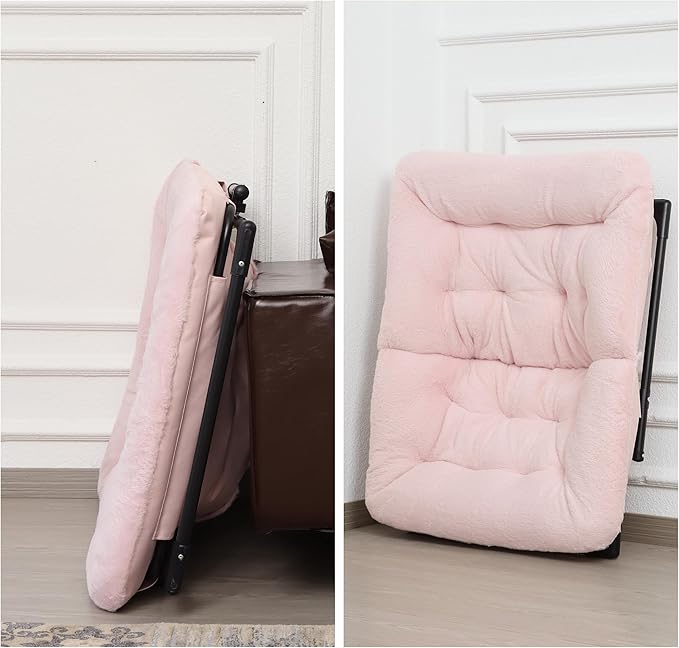 Comfy Saucer Chair for Adults, Soft Faux Fur Bedroom Chair with Ottoman, Accent Dorm Chairs, Living Room Reading Chairs and Footstool, Folding Lounge Seat for Teens, X-Large, Light Pink