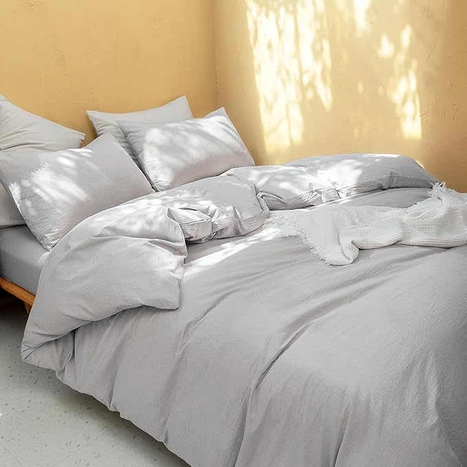 FOSSA Duvet Cover Set 100% Washed Cotton Linen Feel Super Soft Breathable Cozy 3 Pieces Bedding Sets Solid Grayish King