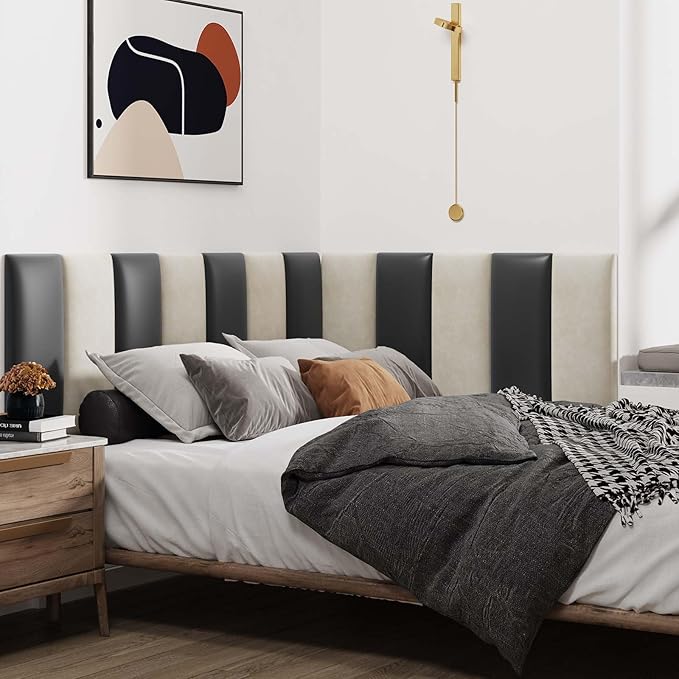IFNOW Wall Mounted Upholstered Headboard Queen, 3D Peel and Stick Soundproof Panels, Reusable and Removable Padded Leather Bed Headboard, 9 Panels 9.84" x 23.62", Black