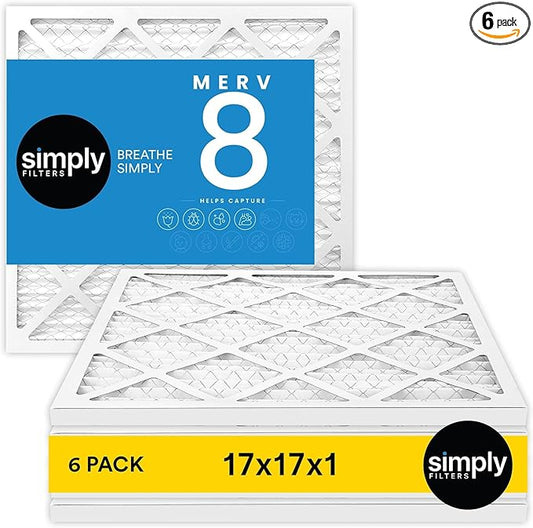 Simply 17x17x1 Air Filter, Merv 8, 6 Pack, For Home AC Furnace & HVAC (Actual Size: 16.75"x16.75"x0.75") DUST, Pet, & Allergy Control