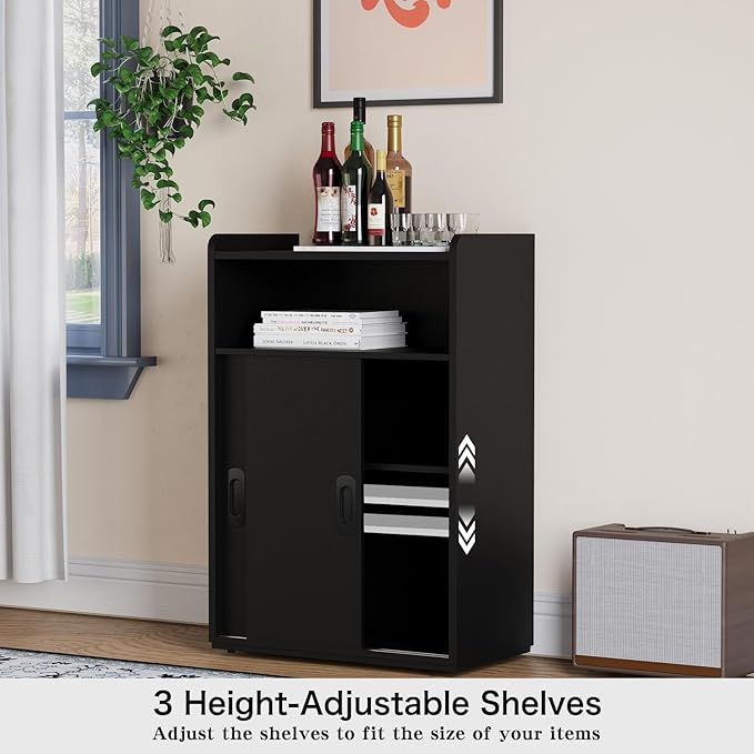 Adjustable Storage Cabinet with Sliding Doors, Multi-Functional Organizer with 2-Tier Shelves (Black)