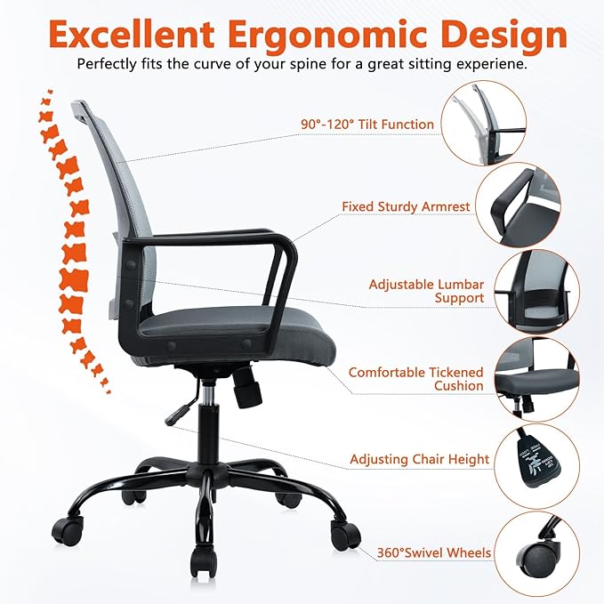 CLATINA Ergonomic Office Desk Chair - Mesh Office Chair with Adjustable Lumbar Support, Rolling Comfortable Computer Task Chairs with Arms for Home Conference-Gray, 12 Pack