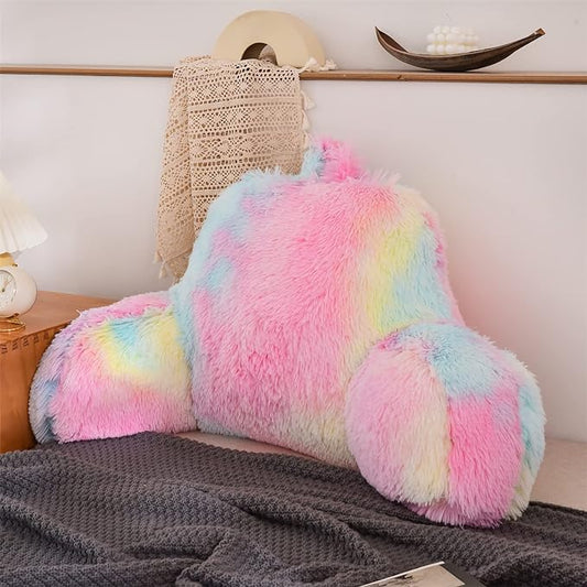 A Nice Night Faux Fur Reading Pillow Bed Wedge Large Adult Children Backrest with Arms Back Support for Sitting Up in Bed/Couch for Bedrest,YellowPink,More Large