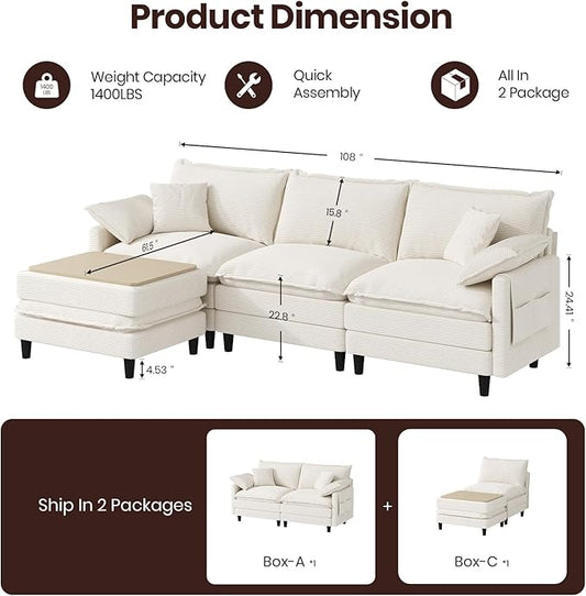 108" L Shaped Modular Sectional Cloud Couch with Ottoman, Snap-on Easy Installation 3 Seater Deep Seat Sofa with Storage Bag and Coffee Table for Living Room, Corduroy, Beige