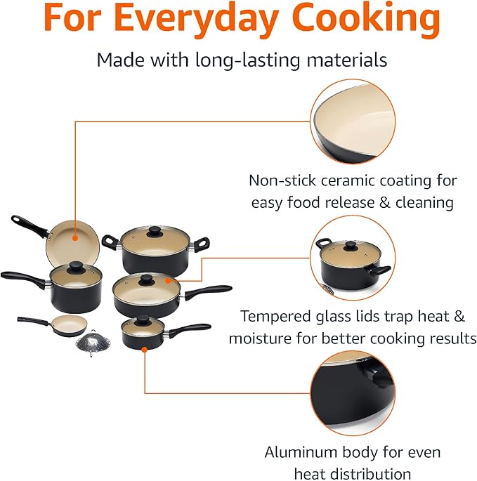 Amazon Basics 11-Piece Ceramic Non-Stick Pots and Pans Set, Dishwasher & Oven Safe, Non-Toxic, Easy Clean, Black/Cream