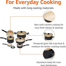 Amazon Basics 11-Piece Ceramic Non-Stick Pots and Pans Set, Dishwasher & Oven Safe, Non-Toxic, Easy Clean, Black/Cream