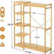 Homykic Bamboo Clothes Rack Garment Rack for Hanging Clothes, Heavy Duty Clothing Rack with 7 Tiers Adjustable Shelves, Double Rods, 4 Hooks, Freestanding Closet System Organizer Wardrobe, Natural